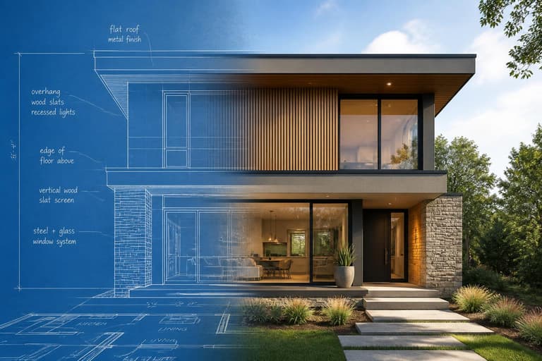 Architectural blueprint transitioning into a photorealistic modern home render