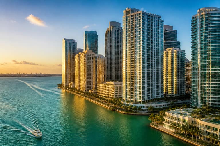 Miami Brickell skyline of luxury condominium towers at golden hour