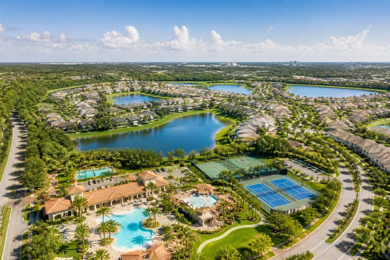 Aerial view of Orlando master-planned community with lakes and amenity center