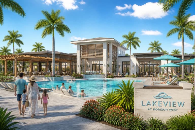 Orlando amenity clubhouse rendering with resort pool and pergolas