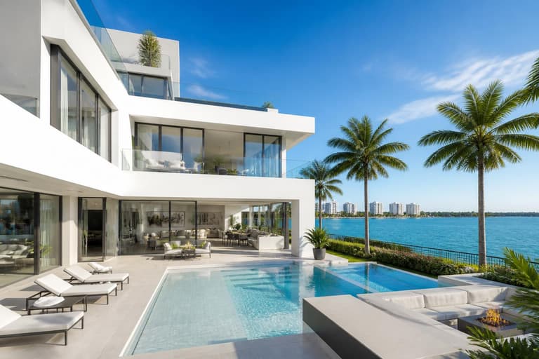 Modern Sarasota luxury waterfront residence with glass, white stucco, and palms