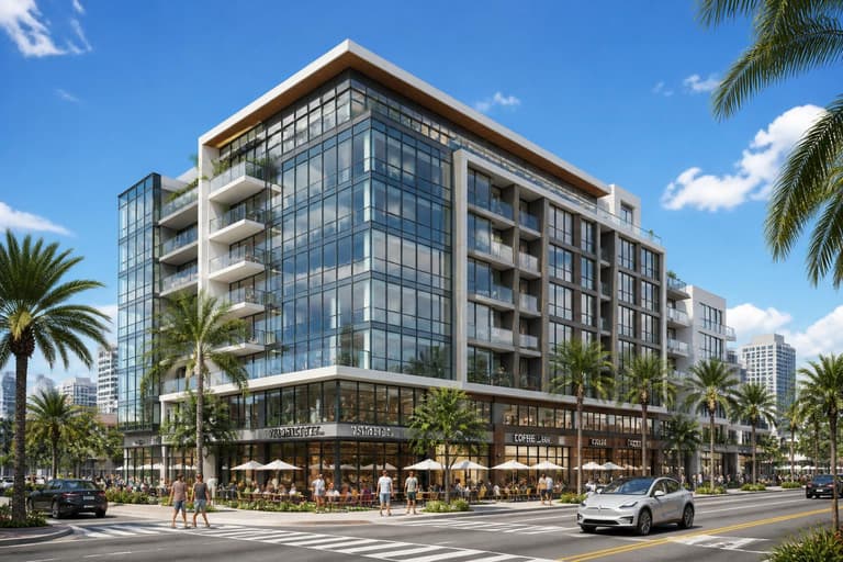 Modern Tampa mixed-use mid-rise rendering with glass curtain wall